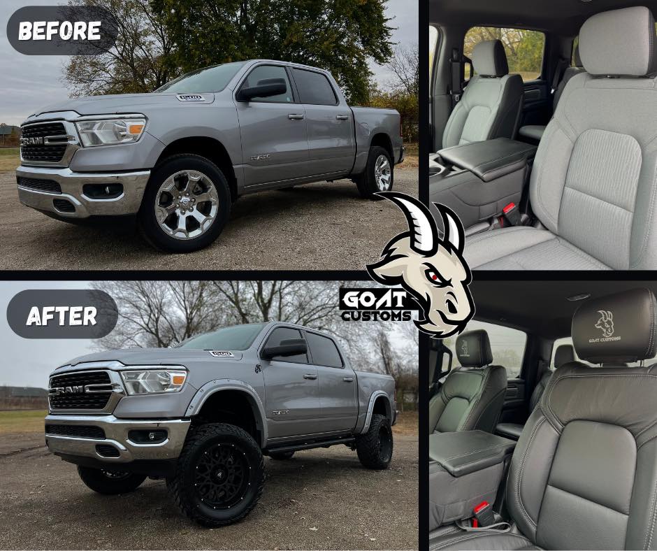 Silver Ram 1500 before and after custom lift and wheels, with matching custom interior headrest embroidery